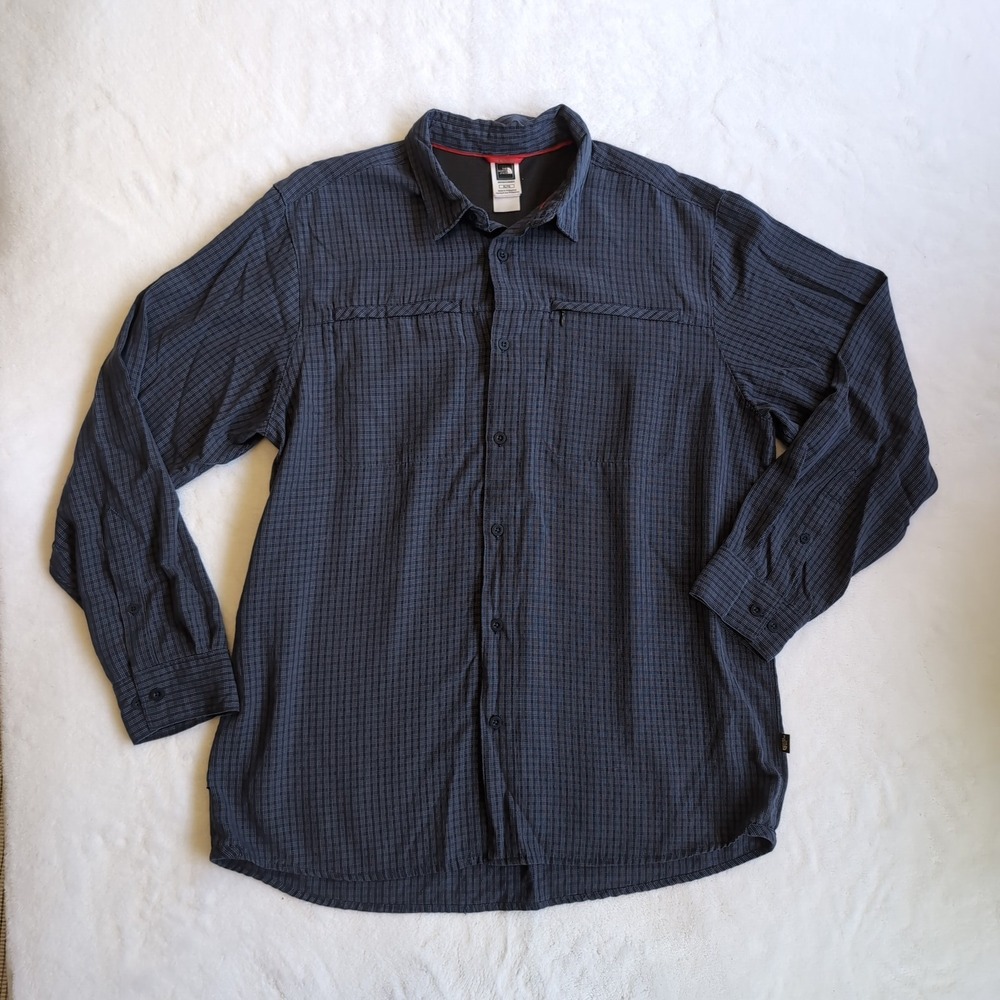 North Face Tekware Button Shirt Mens XL Blue Grid Long Sleeve Hiking Performance - Picture 2 of 8